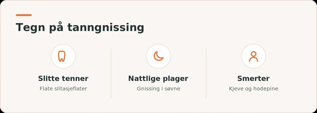 Illustrasjon med tre tegn på tanngnissing: slitte tenner, nattlige plager og smerter i kjeve og hode.