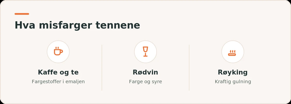 Illustrasjon med tre vanlige årsaker til misfargede tenner: kaffe og te, rødvin og røyking.