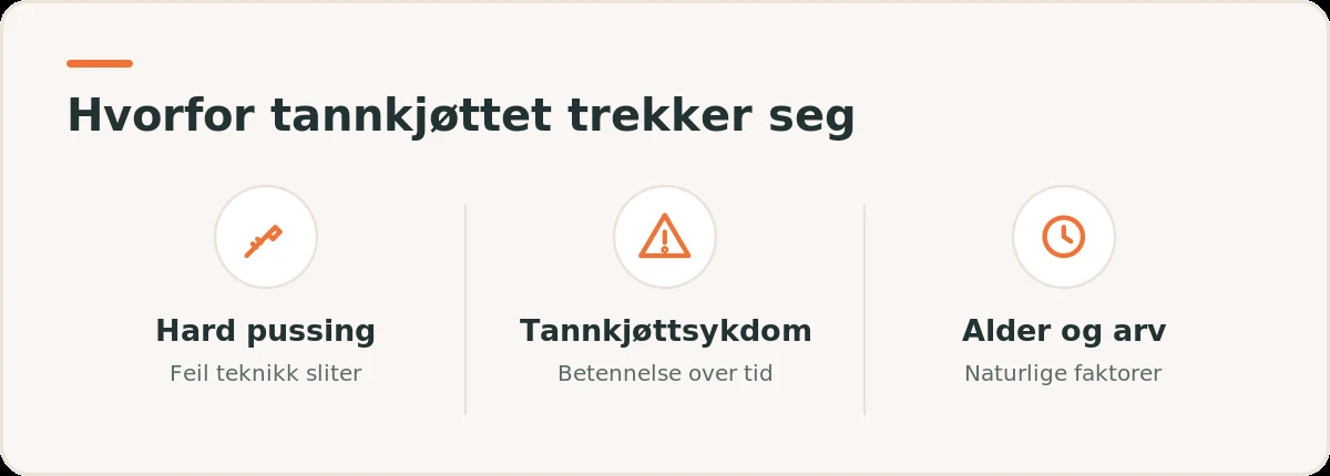 Illustrasjon med tre årsaker til at tannkjøttet trekker seg: hard pussing, tannkjøttsykdom og alder og arv.