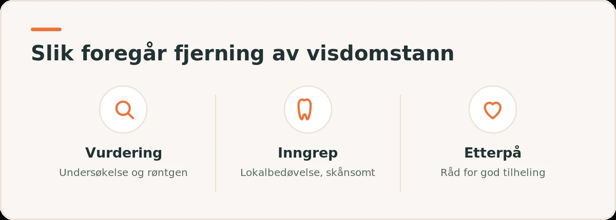 Illustrasjon som viser de tre stegene ved fjerning av visdomstann: vurdering, inngrep og etterbehandling.